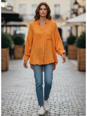Aerie Oversized Long-Sleeve Button-Down Womens Top In Vibrant Orange XL